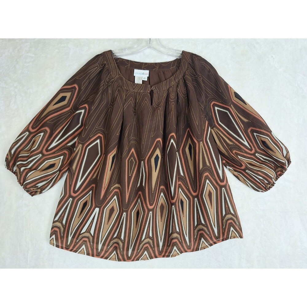 Denim & Co. Printed 3/4 Sleeve Top Womens M Brown Keyhole Lined Ikat Tribal